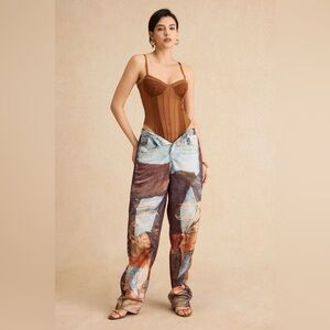 Wide Leg Patchwork Print Jeans - Brown/Multicolor